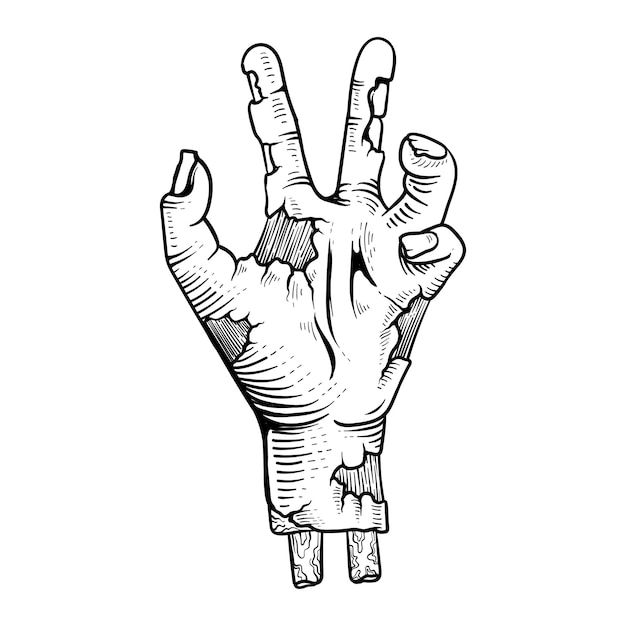 a hand making the v sign with it's fingers in black and white ink