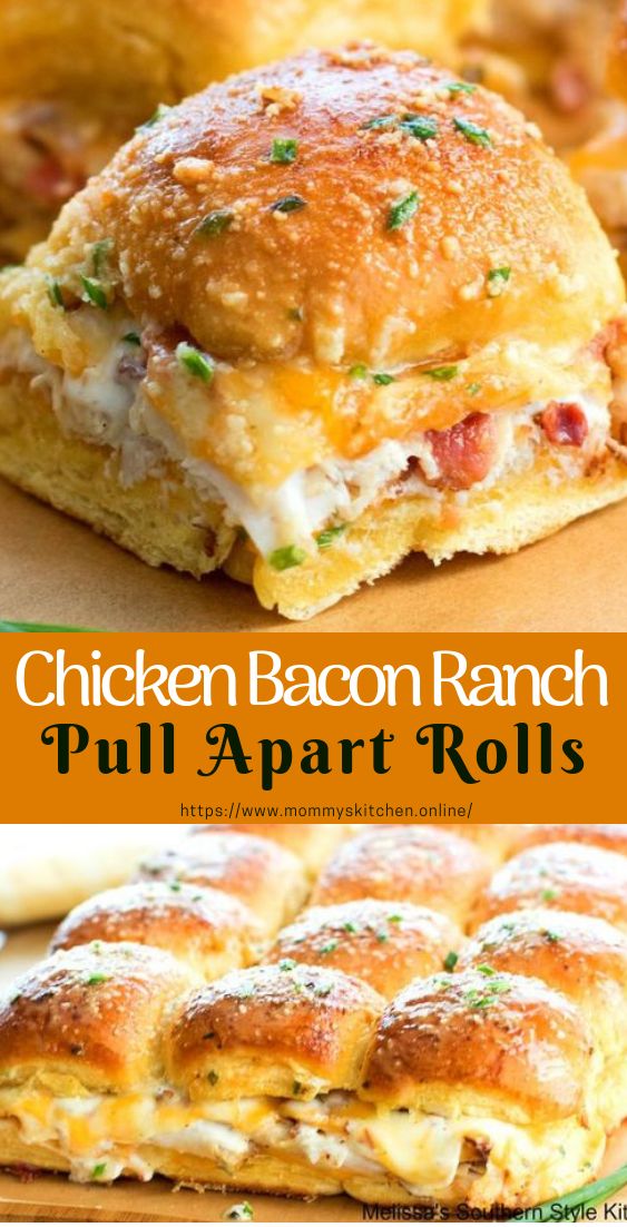 chicken bacon ranch pull apart rolls on a cutting board and in the background is an image of