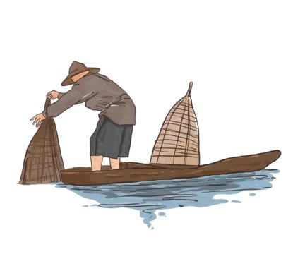 a man on a boat with two small boats in the water and one is holding a net