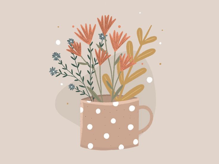 an illustration of flowers in a coffee cup with polka dots on the bottom and inside