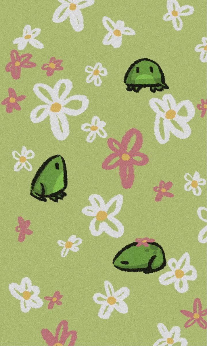 a green background with flowers and turtles on it