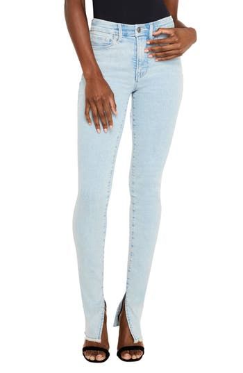 A touch of stretch adds comfort to these skinny jeans with split hems. 33 1/2" regular inseam; 9" leg opening; 11" front rise; 13 1/2" back rise (size 8) Zip fly with button closure Five-pocket style 94% cotton, 4% elastomultiester, 2% elastane Machine wash, tumble dry Imported Black Owned/Founded Mid-rise Light Wash Jeggings For Fall, Fitted Light Wash Pants For Fall, Fitted High Rise Light Wash Jeggings, Trendy Slim Fitted Jeans, Trendy Fitted Slim Jeans, Light Wash Mid-rise Fitted Jeggings, Fitted Medium Wash Straight Leg Jeggings, Fitted Straight Leg Medium Wash Jeggings, Fitted Mid-rise Light Wash Jeggings