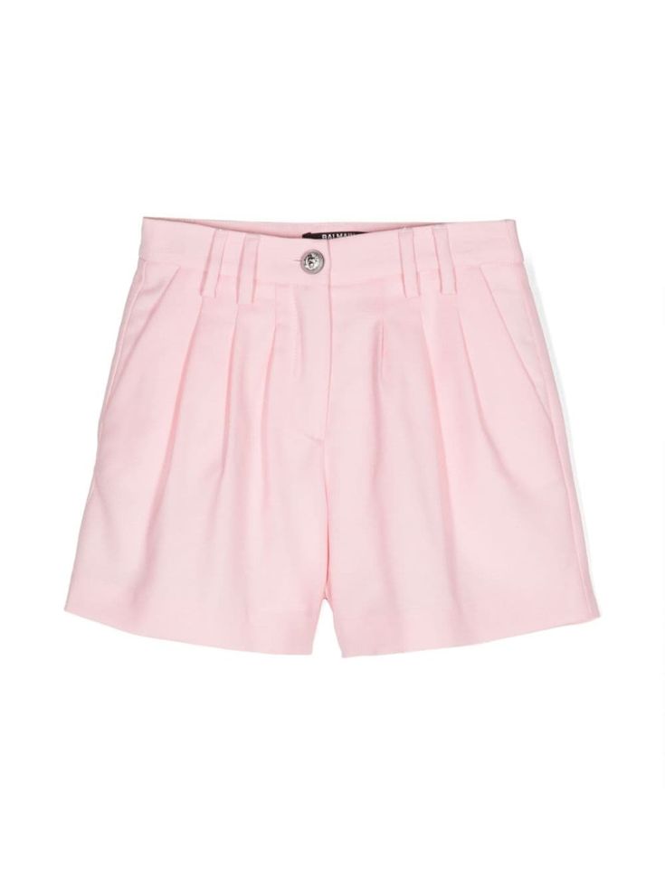 light pink virgin wool blend twill weave pleat detailing high waist belt loops concealed fly and button fastening two side slit pockets two rear welt pockets straight leg thigh-length Smart Shorts, Dress With Jean Jacket, Baby Boy Accessories, Dolce And Gabbana Kids, Tailored Shorts, Twill Weave, Stella Mccartney Kids, Short Jumpsuit, Skirted Swimwear