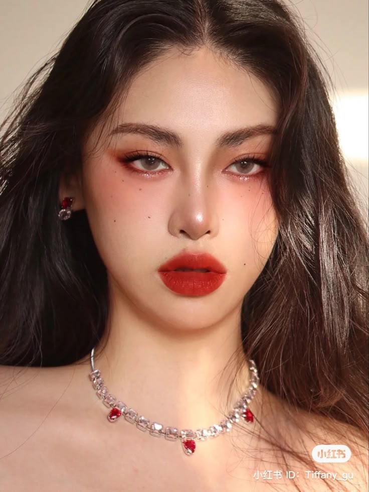 Asian With Red Lipstick, Aries Makeup Aesthetic, Red Soft Makeup, Pomegranate Makeup Look, Red Asian Makeup, Korean Red Makeup, Red Concert Makeup, Makeup For Prom Red Dress, Soft Red Makeup Looks