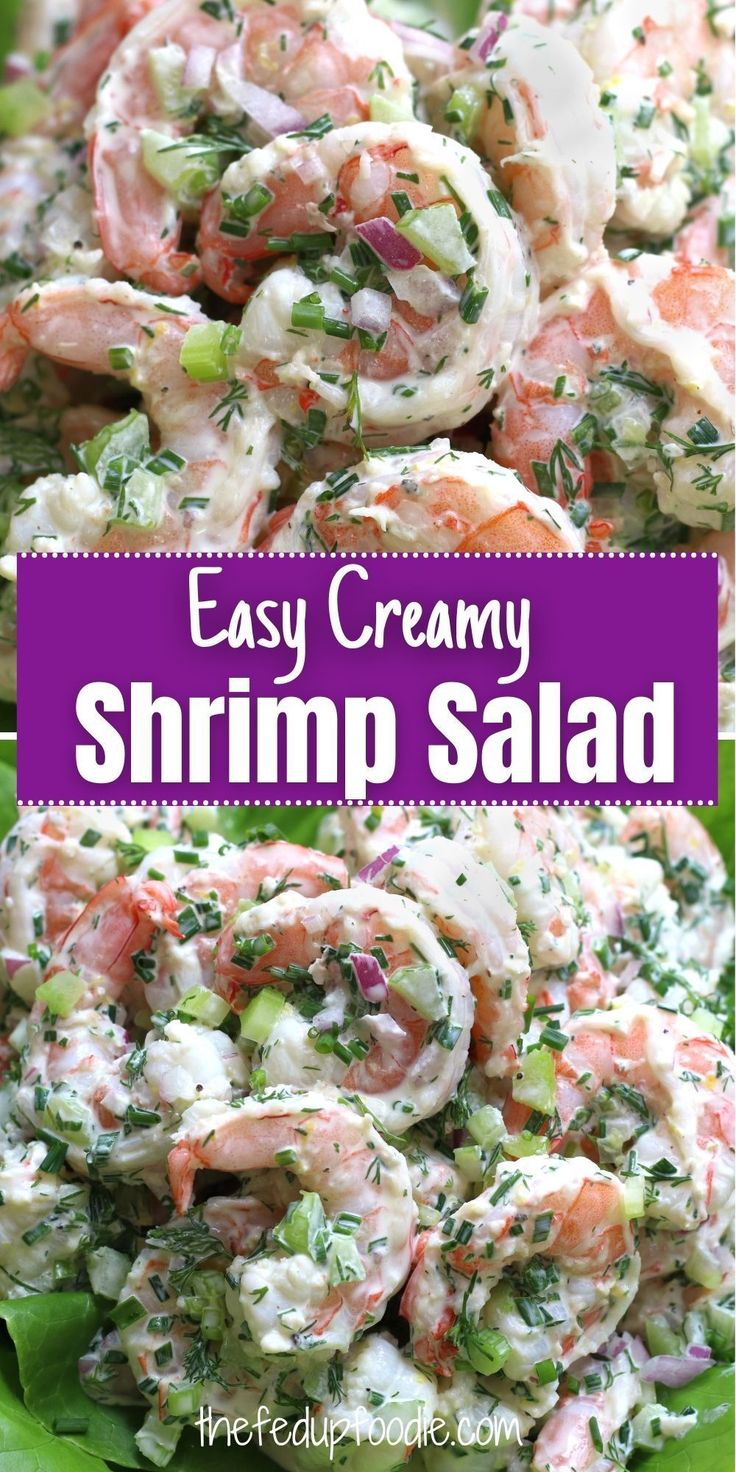 shrimp salad with cream cheese and herbs in it on a green leafy platter