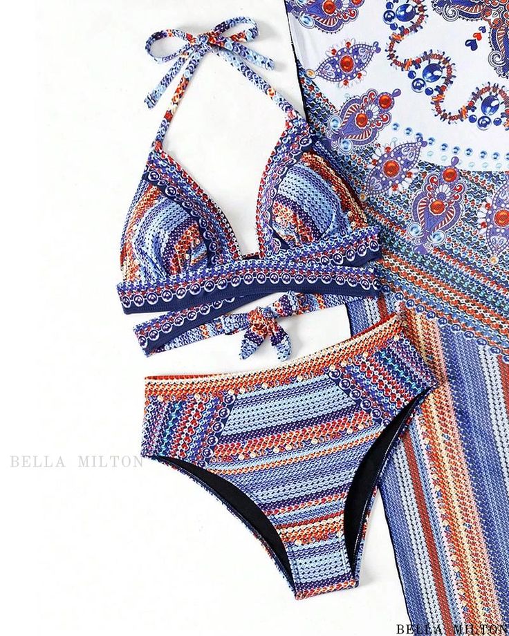 Bella Milton - Tribal Pattern Bikini Set with Matching Cover-Up - Set of 3 Pieces Bohemian Printed Patterned Swimwear, Bohemian Printed Halter Neck Swimwear, Fitted Patterned Swimwear For The Beach, Bohemian Printed Triangle Top Swimwear, Patterned Swimwear For Pool And Beach Season, Bohemian Multicolor Tankini For Beach Season, Bohemian Fitted Tankini With Triangle Top, Fitted Bohemian Tankini With Triangle Top, Bohemian Printed Fitted Tankini