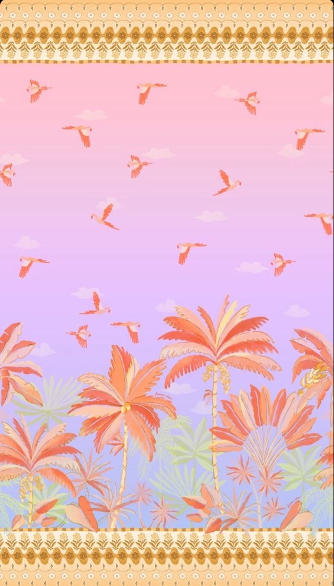 an image of palm trees and birds flying in the sky with a border around them