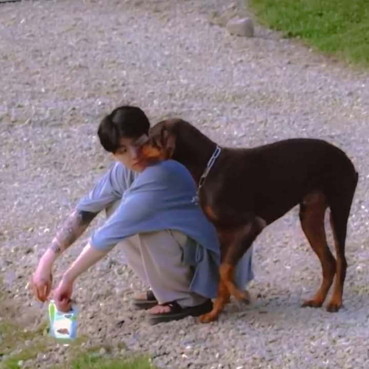 a young boy kneeling down next to a dog