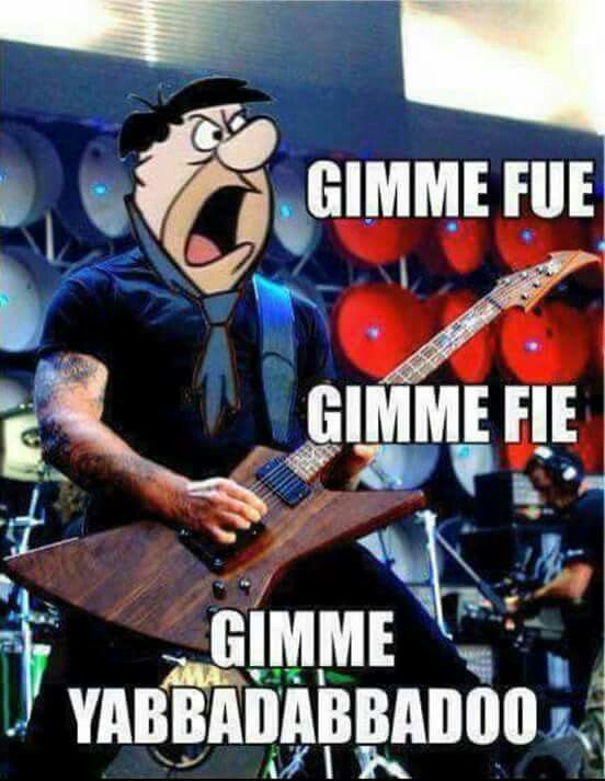 a cartoon character playing an electric guitar with caption that reads gimme fu gimme fi gimme yabababoo