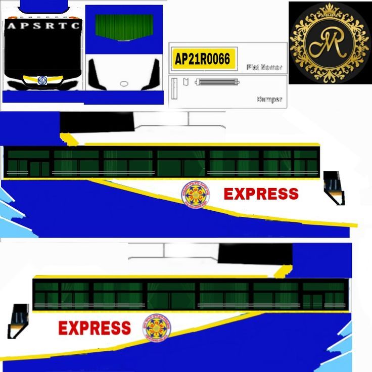 two different types of buses are shown in blue and yellow colors with the words express on them