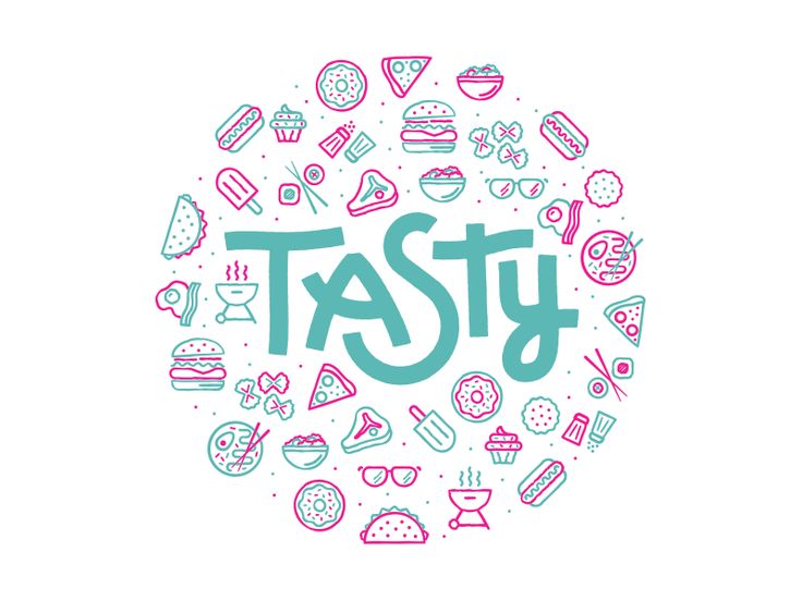 the word tasty surrounded by various food and drink related items in a circle on a white background