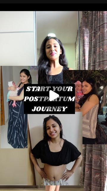 a woman standing in front of a mirror with her hands on her hips and the words start your post - tum journey