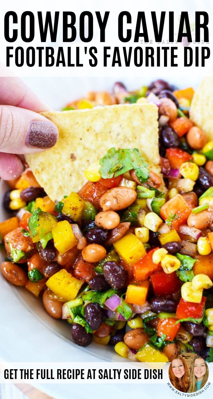 a hand holding a tortilla chip with black eyed peas and corn salsa on it