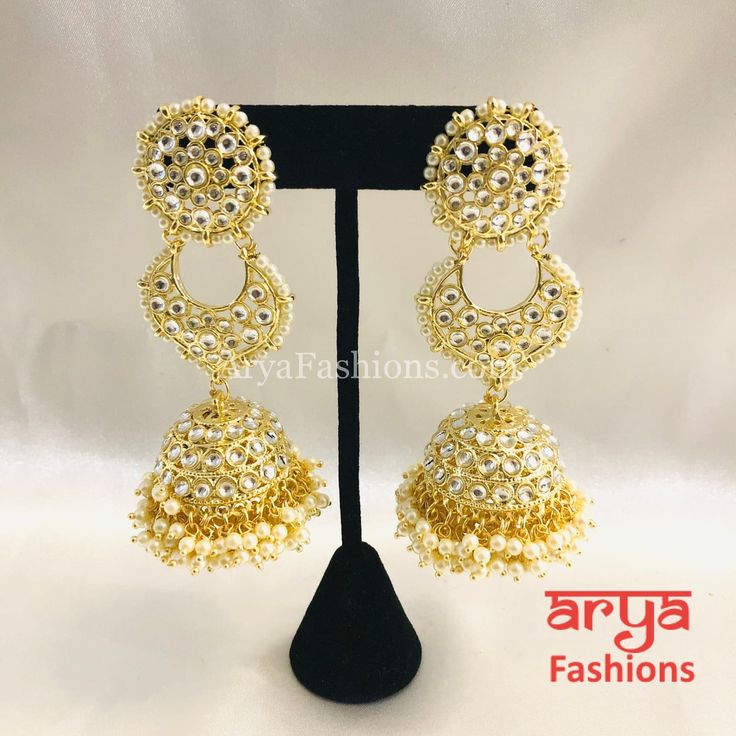 Golden Kundan Jhumka/ Jadau Polki Earrings Wedding Temple Jewelry Jhumkas For Navratri, Chandbali Jhumkas For Wedding And Navratri, Wedding Chandbali Jhumkas For Navratri, Temple Jewelry Style Jhumkas With Latkans For Party, Temple Jewelry Jhumkas For Wedding Festivals, Traditional Jhumkas For Wedding And Navratri, Traditional Wedding Jhumkas With Latkans, Temple Style Bridal Earrings With Tilla For Eid, Navratri Kundan Bridal Earrings In Temple Jewelry Style