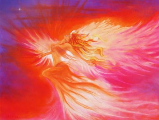 a painting of a woman with long hair flying through the air in front of an orange and pink background