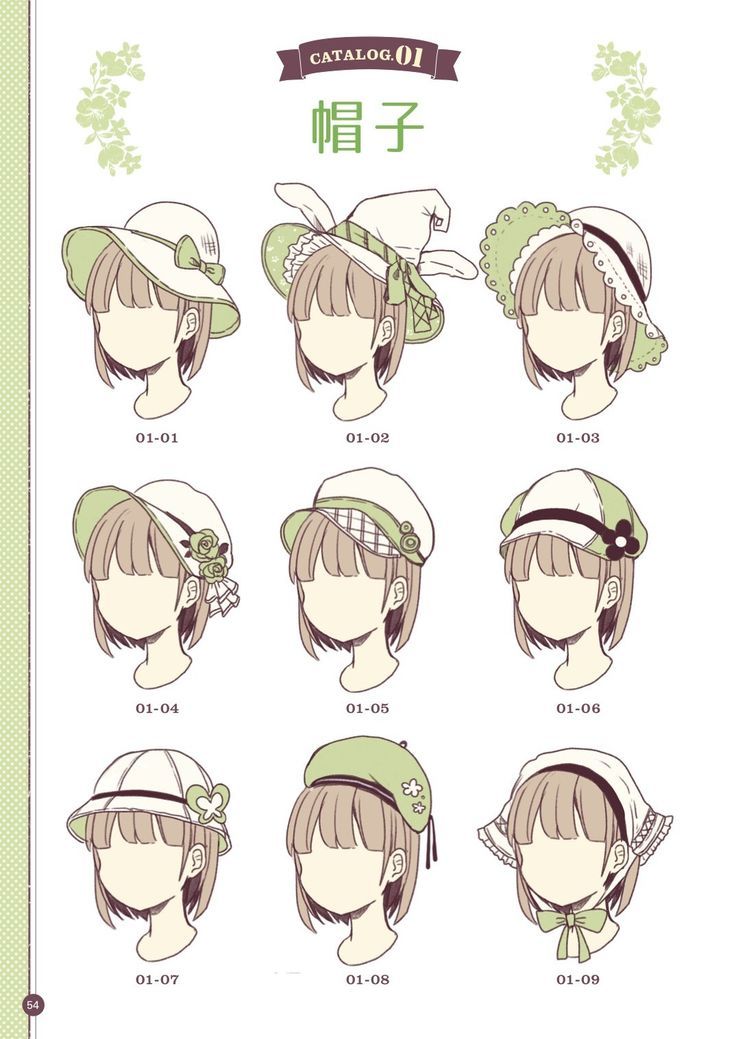 an anime character's head with many different hats