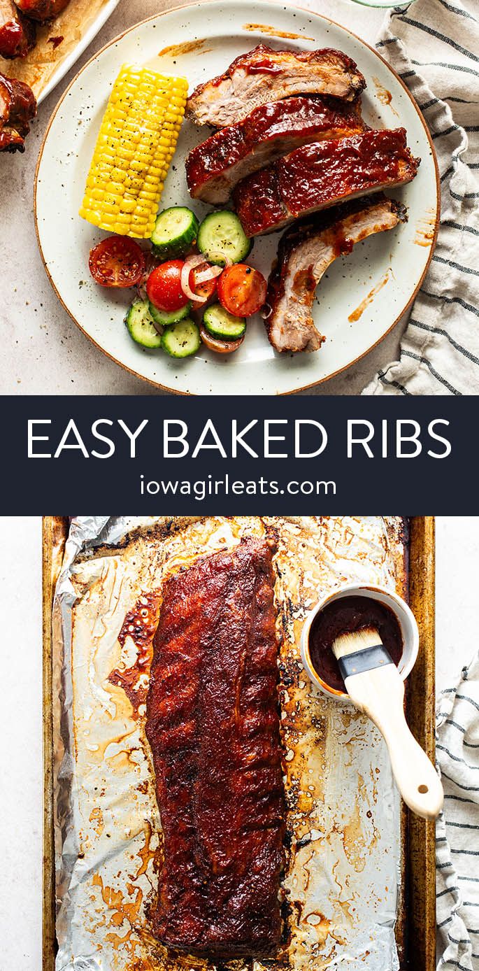 ribs, corn and vegetables on a tray with the words easy baked ribs above it