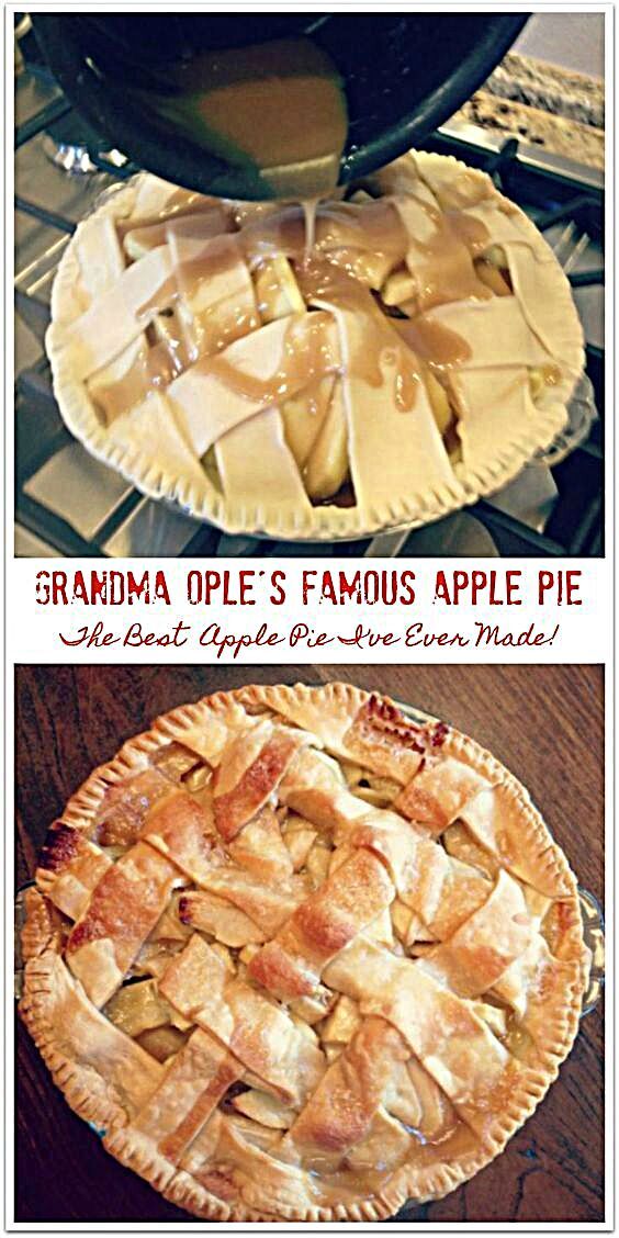 an apple pie is sitting on top of a table with the words grandma ope's famous apple pie