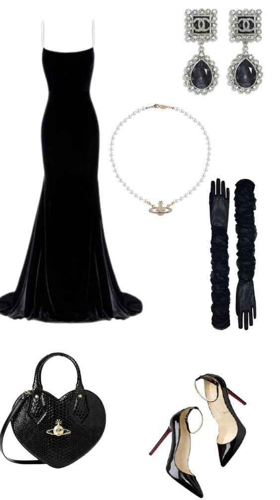 HOCO DRESSES IDEAS - valemoods Fancy Black Gown, Fame Dr Wardrobe, Black Gala Outfit, Old Dior Fashion, Black Hollywood Dress, Hollywood Glamour Party Outfit, Black Prom Dress Inspiration, Hollywood Aesthetic Outfits, Hollywood Outfit Ideas Party