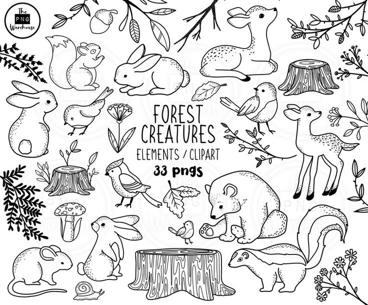 the forest creatures clipart is shown in black and white