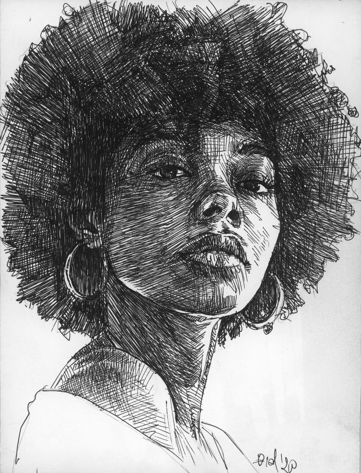 a black and white drawing of a woman's face with an afro hairstyle