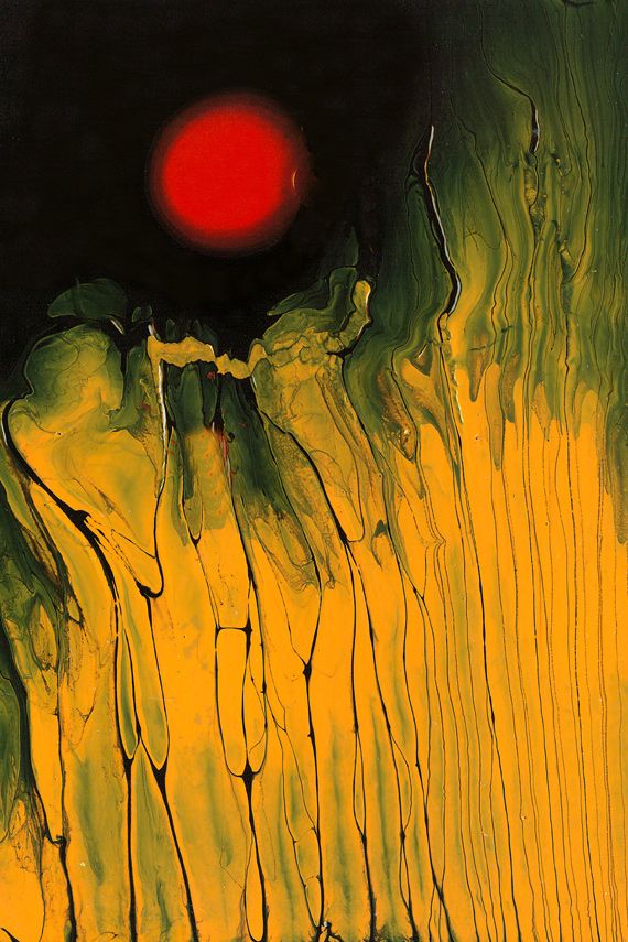 an abstract painting with yellow and red colors on black background, including the sun in the distance