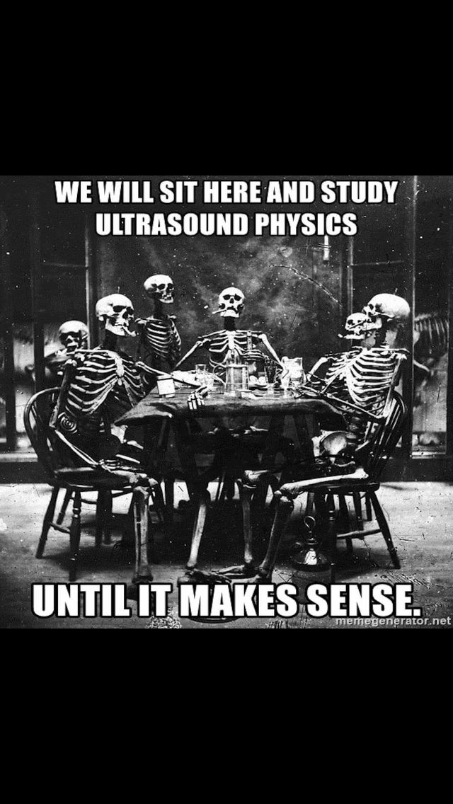 three skeletons sitting at a table with the caption, we will sit here and study ultrasound physics until it makes sense