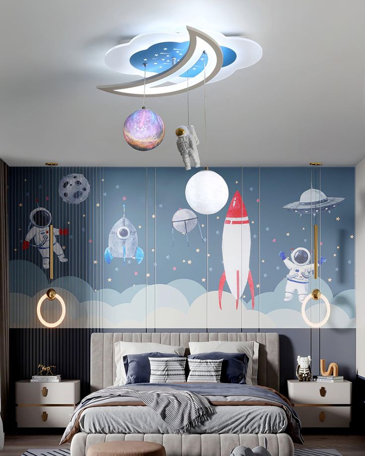 a bedroom decorated with space themed wallpaper