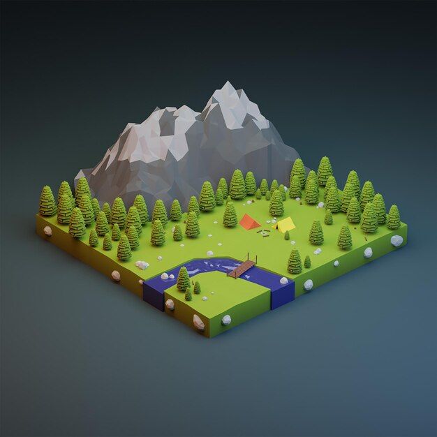 a low poly model of a mountain range with trees and a river in the foreground