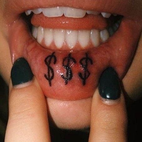 a woman's mouth with dollar signs on it and two fingers holding up her nose