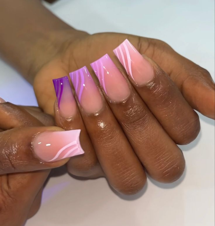 Nails Different Shades Of Purple, Unique French Tips Nails, Short Square Nail Designs Purple, Purple Nail Designs Short Nails, Different Purple Nails, Purple Pink Nails Designs, Short Acrylic Nails Designs Purple, Purple Nail Art Designs French Tips, Purple French Tip Nails Square