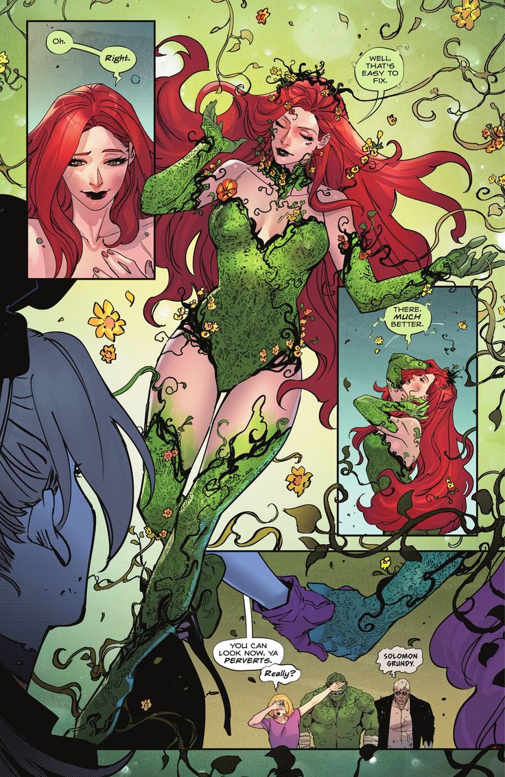 an image of a comic book page with red hair and green dress on the cover