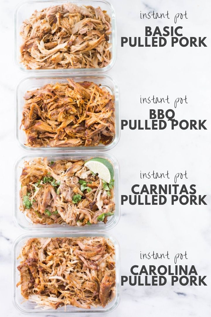 four plastic containers filled with pulled pork and three different types of pulled pork in them