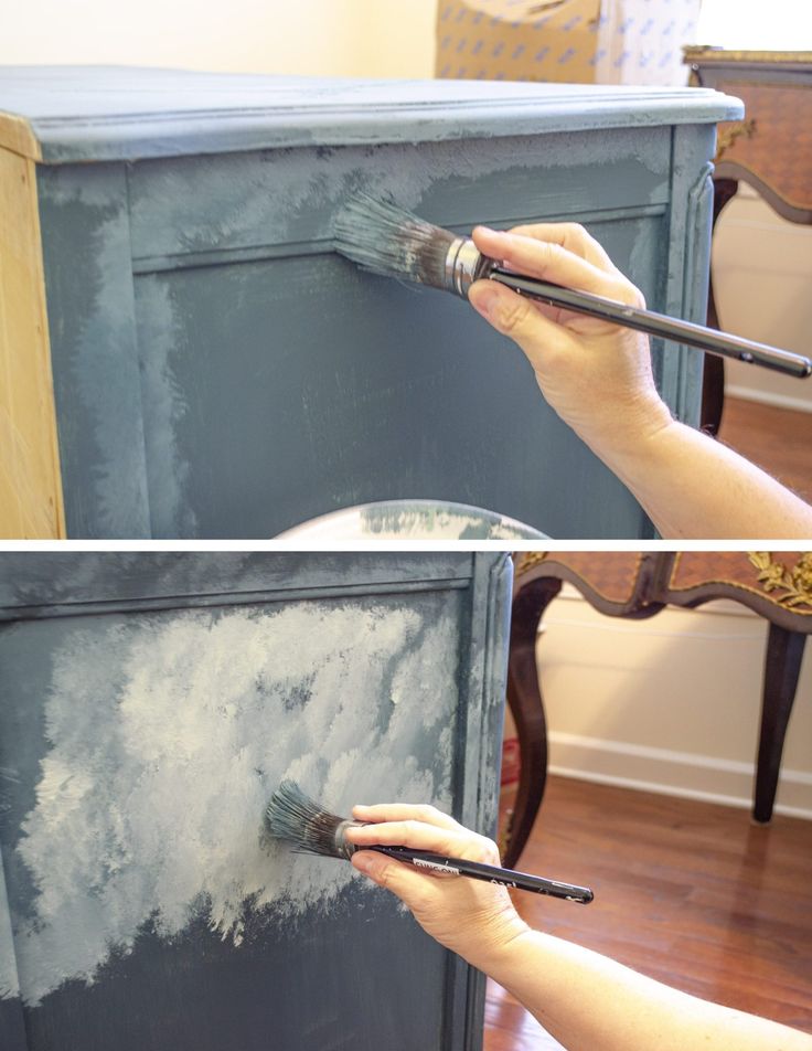 two pictures of someone painting an old dresser