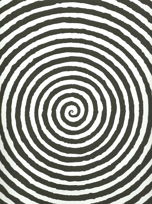 an abstract black and white pattern with spirals in the center, as if it were painted on paper