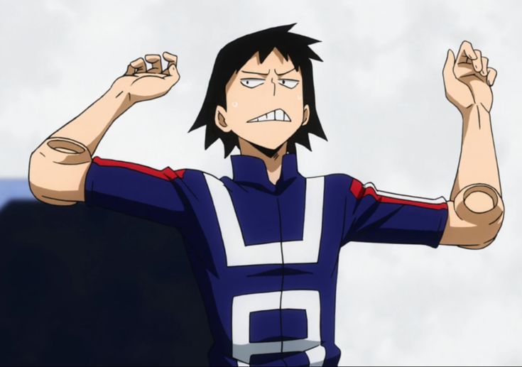 an anime character holding his arms up in the air with one hand and two other hands behind him