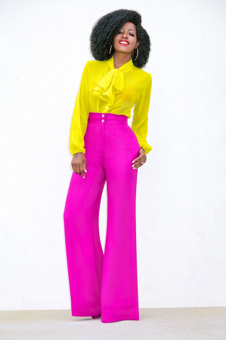 Style Pantry | Front Tie Blouse + High Waist Wide Leg Pants Style Pantry, Colour Combinations Fashion, Pants Sewing, Color Blocking Outfits, Color Combinations For Clothes, High Waist Wide Leg Pants, Tie Blouse, Looks Chic, African Fashion Dresses