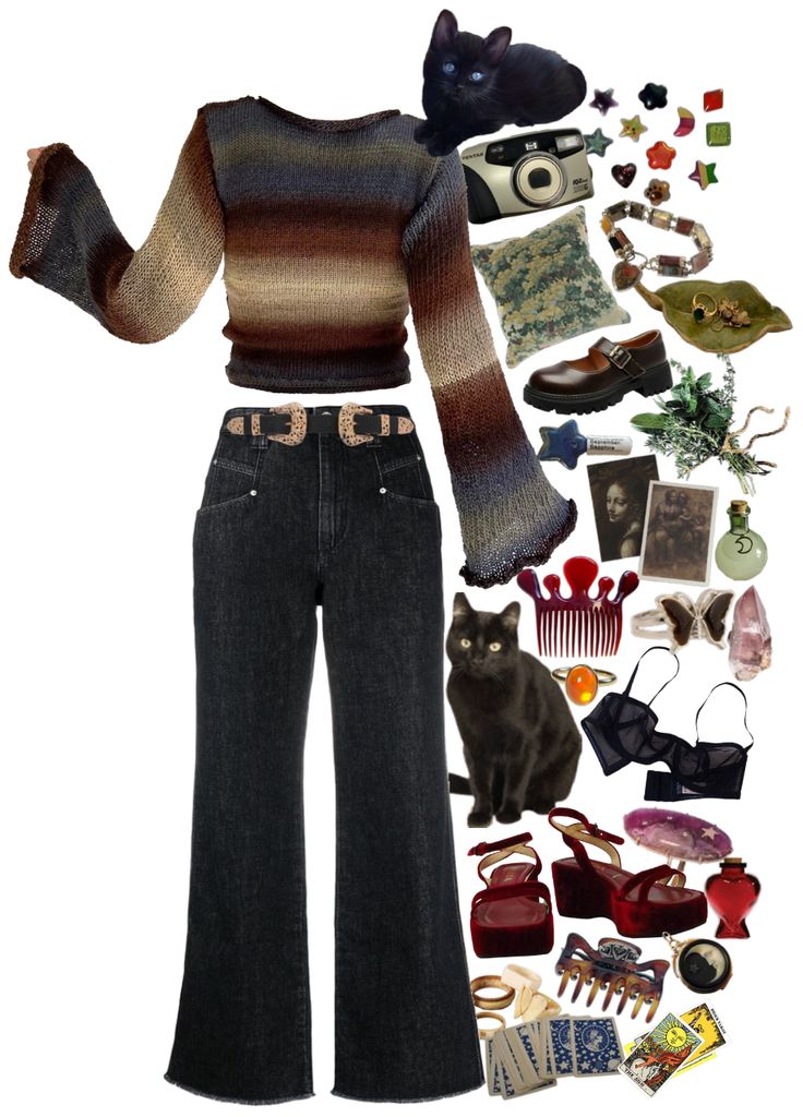 a woman's outfit is shown with many items