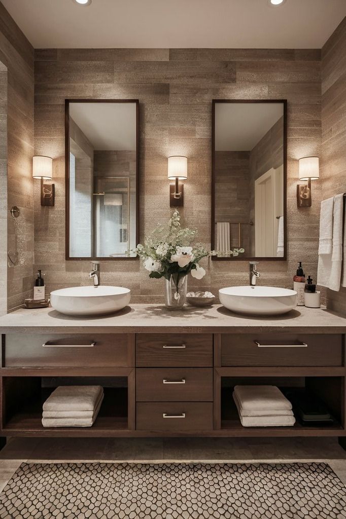 a bathroom with two sinks, mirrors and towels on the counter top next to each other