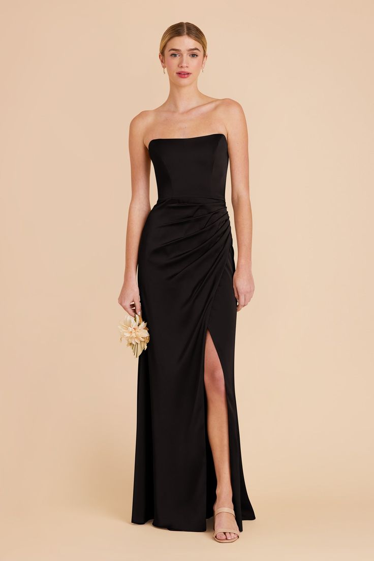 Anne Matte Satin Dress - BlackAnne Matte Satin Dress - Black Black Formal Velvet Dress, Strapless Black Tie Dress, Formal Black Attire Women, Black Azazie Bridesmaid Dresses, Black Spring Bridesmaid Dresses, Black Dress Flowers, Black Bridemaid Dress, Black Bridal Party Attire Summer, Black Strapless Bridesmaid Dress