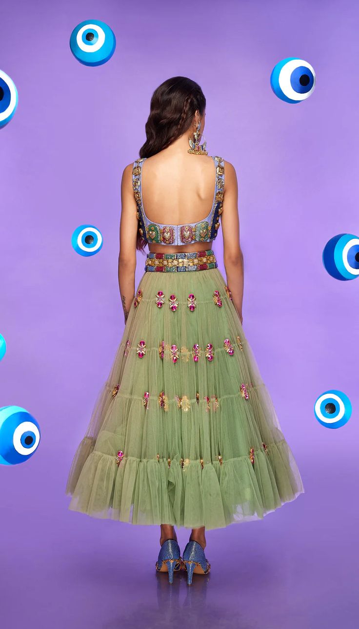 A tiered tulle half Lehenga in moss green embellished with glass stones and metal pieces. Paired with an original Papa Don't Preach tab bralette in lilac embellished with glass cut beads.From Papa Don’t Preach’s Nazar Na Lage collection. DELIVERY TIMEPlease allow 8-12 weeks for your outfit to arrive. FABRIC DETAILSTulle. Professional cleaning only. Half Lehenga, Papa Don't Preach, Bridal Chura, Tulle Sleeves, Indian Bridal Wear, Georgette Blouse, Chaniya Choli, Swimming Costume, Pink Tulle