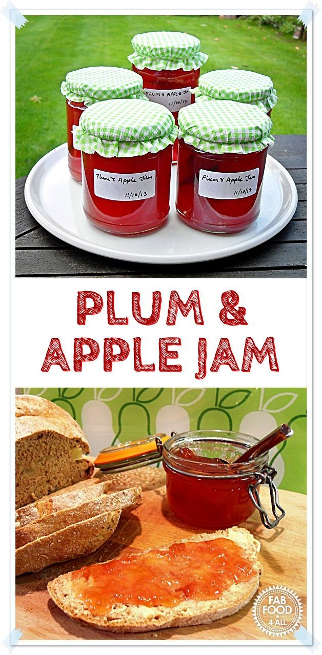 plum and apple jam is on a plate with bread in the foreground, and an image of jars filled with jam