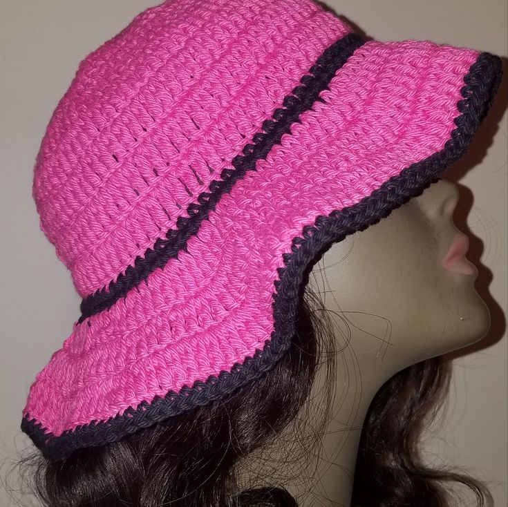 Woman's Pink And Black Crochet Cotton Floppy Hat. 100% Cotton. Trendy Pink Sun Hat, Trendy Pink Adjustable Sun Hat, Pink Adjustable Bucket Hat With Short Brim, Pink Brimmed Summer Hat, Adjustable Pink Bucket Hat With Flat Brim, Adjustable Pink Bucket Hat, Lightweight Pink Hat For Spring, Casual Pink Sun Hat With Adjustable Fit, Adjustable Pink Casual Sun Hat