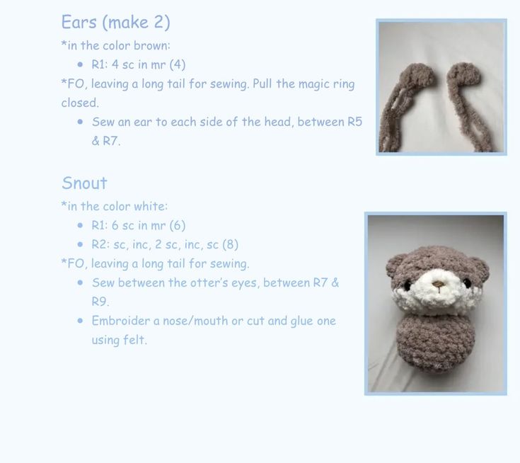 the instructions for crocheted teddy bear ears make 2 in the color brown, rl 4 in mr 3