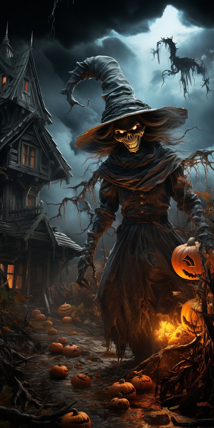 a halloween scene with a skeleton dressed up as a witch