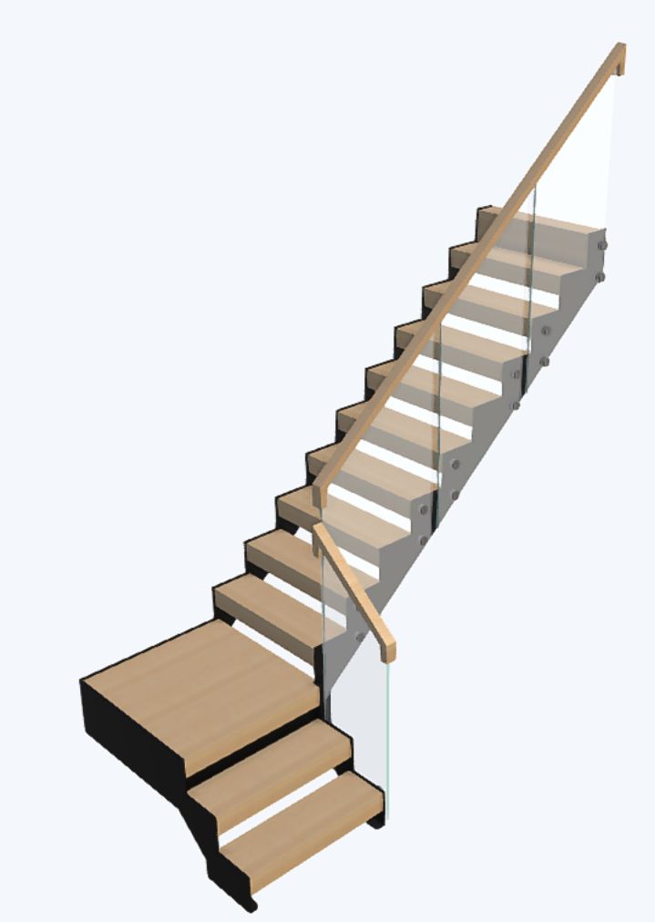 a set of stairs with wooden treads and glass balconies on each handrail