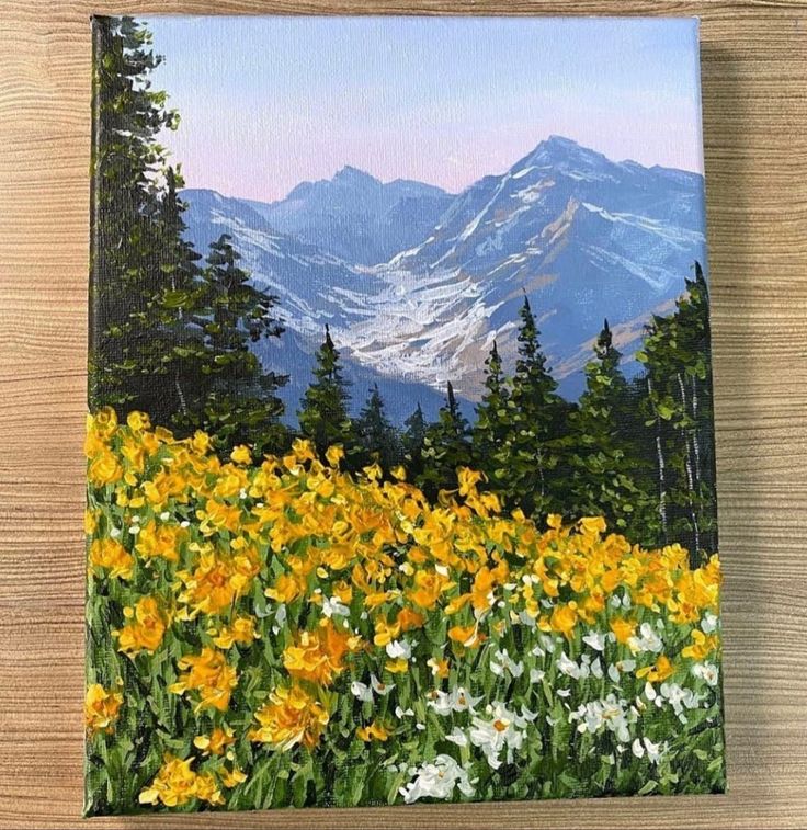 a painting of mountains and flowers in the foreground with pine trees on either side