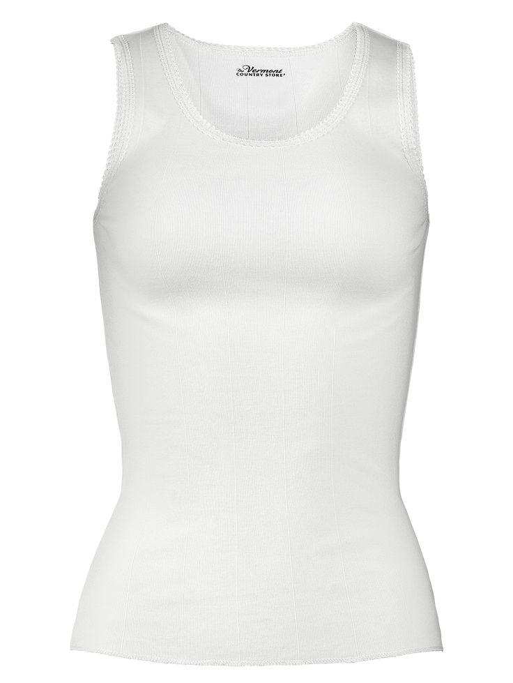 Our cotton tank top is a long-time customer favorite. We've sold them for years in our country stores and in our catalogs, too. They're made of soft, combed cotton, which feels oh-so-soft against the skin. The stretchy rib-knit fabric fits snugly against the body for a lightweight layer of warmth and a smooth look under clothing. The tank tops are also comfortable for sleeping and are the perfect "peek-a-boo" layer under cardigans, button-down shirts, wrap-style dresses, and tunics. We make ours White Stretch Cotton Tank Top, Classic Stretch Tank Top For Everyday, Classic Everyday Stretch Tank Top, White Fitted Tank Top For Everyday, White Cotton Scoop Neck Vest, White Stretch Vest With Tank Straps, Basic Fitted Tank Vest, Classic Fitted Tank Top, White Stretch Basic Vest