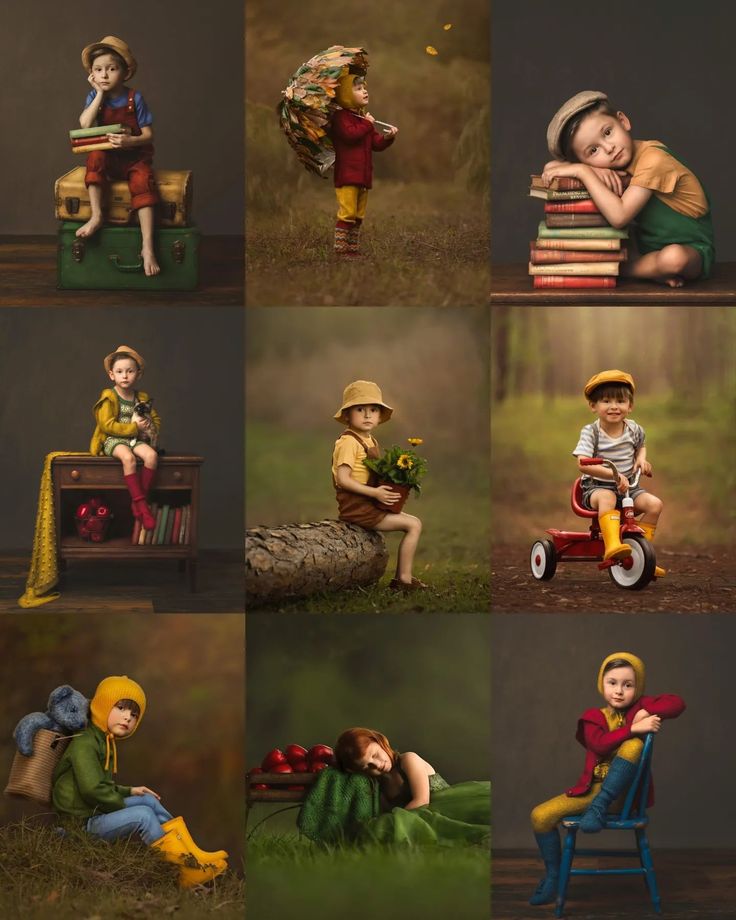 a series of photos with children sitting on different types of chairs and holding umbrellas