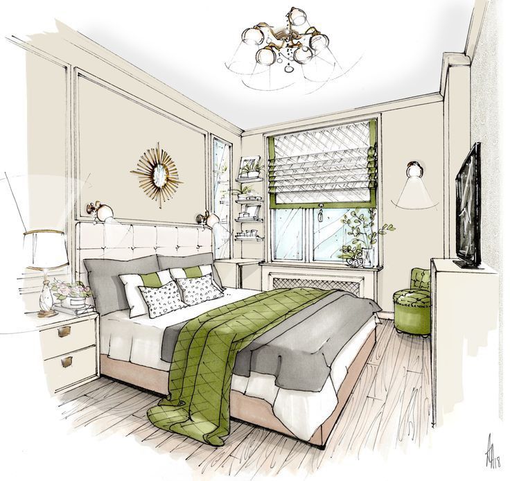 a drawing of a bedroom with a bed, nightstands and window in the corner